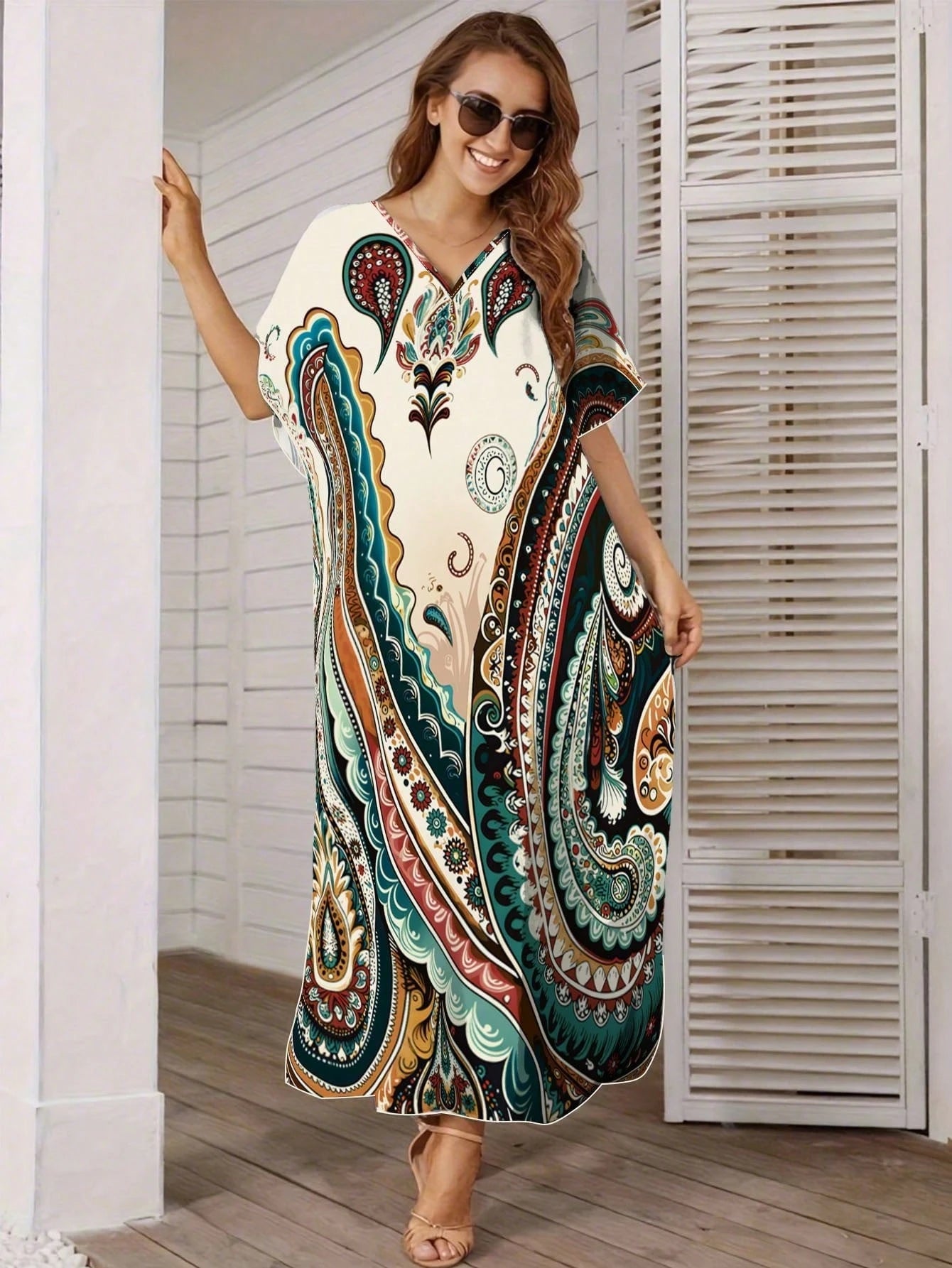 Bohemian Paisley Print V-Neck Long Cover-Up, Plus Size Women's Casual Short Sleeve Vacation Beach Dress Summer