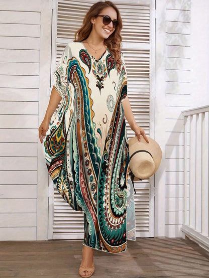 Bohemian Paisley Print V-Neck Long Cover-Up, Plus Size Women's Casual Short Sleeve Vacation Beach Dress Summer