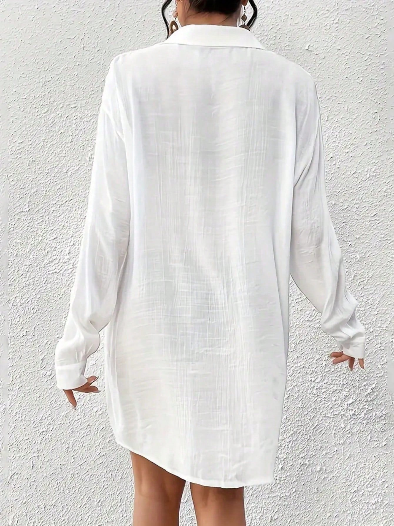 Bohemian Style Loose White Long Sleeve Button Down Dress, Casual Beach Wear For Women Vacation Summer