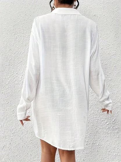 Bohemian Style Loose White Long Sleeve Button Down Dress, Casual Beach Wear For Women Vacation Summer