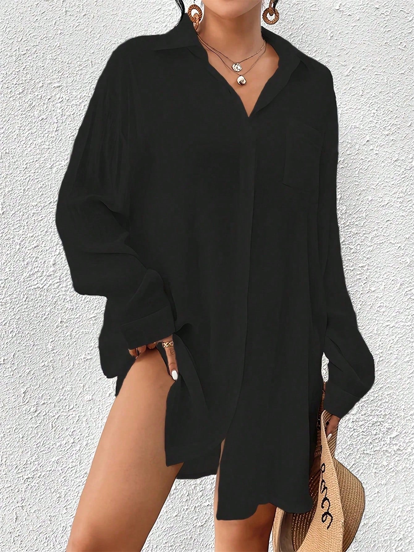 Bohemian Style Loose White Long Sleeve Button Down Dress, Casual Beach Wear For Women Vacation Summer