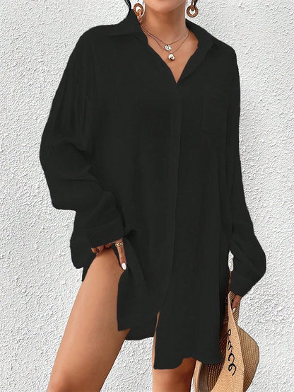 Bohemian Style Loose White Long Sleeve Button Down Dress, Casual Beach Wear For Women Vacation Summer