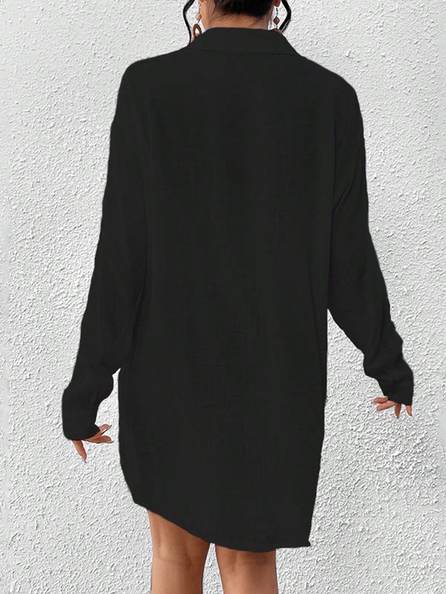 Bohemian Style Loose White Long Sleeve Button Down Dress, Casual Beach Wear For Women Vacation Summer