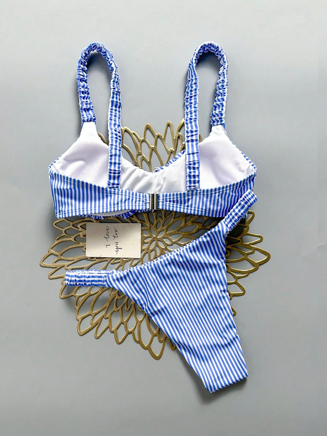 Bonvoyette 2026 New Women's Summer Beach Vacation Two-Piece Blue & White Striped Print Ruched Wide Strap Backless Sexy High Waist Bikini Swimsuit Set