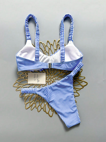 Bonvoyette 2026 New Women's Summer Beach Vacation Two-Piece Blue & White Striped Print Ruched Wide Strap Backless Sexy High Waist Bikini Swimsuit Set