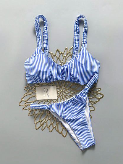 Bonvoyette 2026 New Women's Summer Beach Vacation Two-Piece Blue & White Striped Print Ruched Wide Strap Backless Sexy High Waist Bikini Swimsuit Set