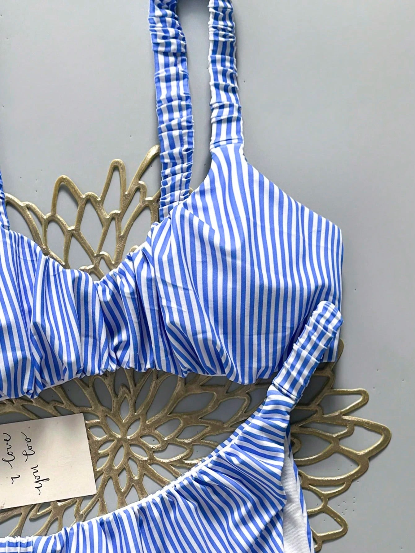 Bonvoyette 2026 New Women's Summer Beach Vacation Two-Piece Blue & White Striped Print Ruched Wide Strap Backless Sexy High Waist Bikini Swimsuit Set