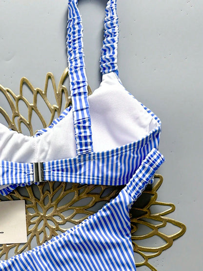 Bonvoyette 2026 New Women's Summer Beach Vacation Two-Piece Blue & White Striped Print Ruched Wide Strap Backless Sexy High Waist Bikini Swimsuit Set