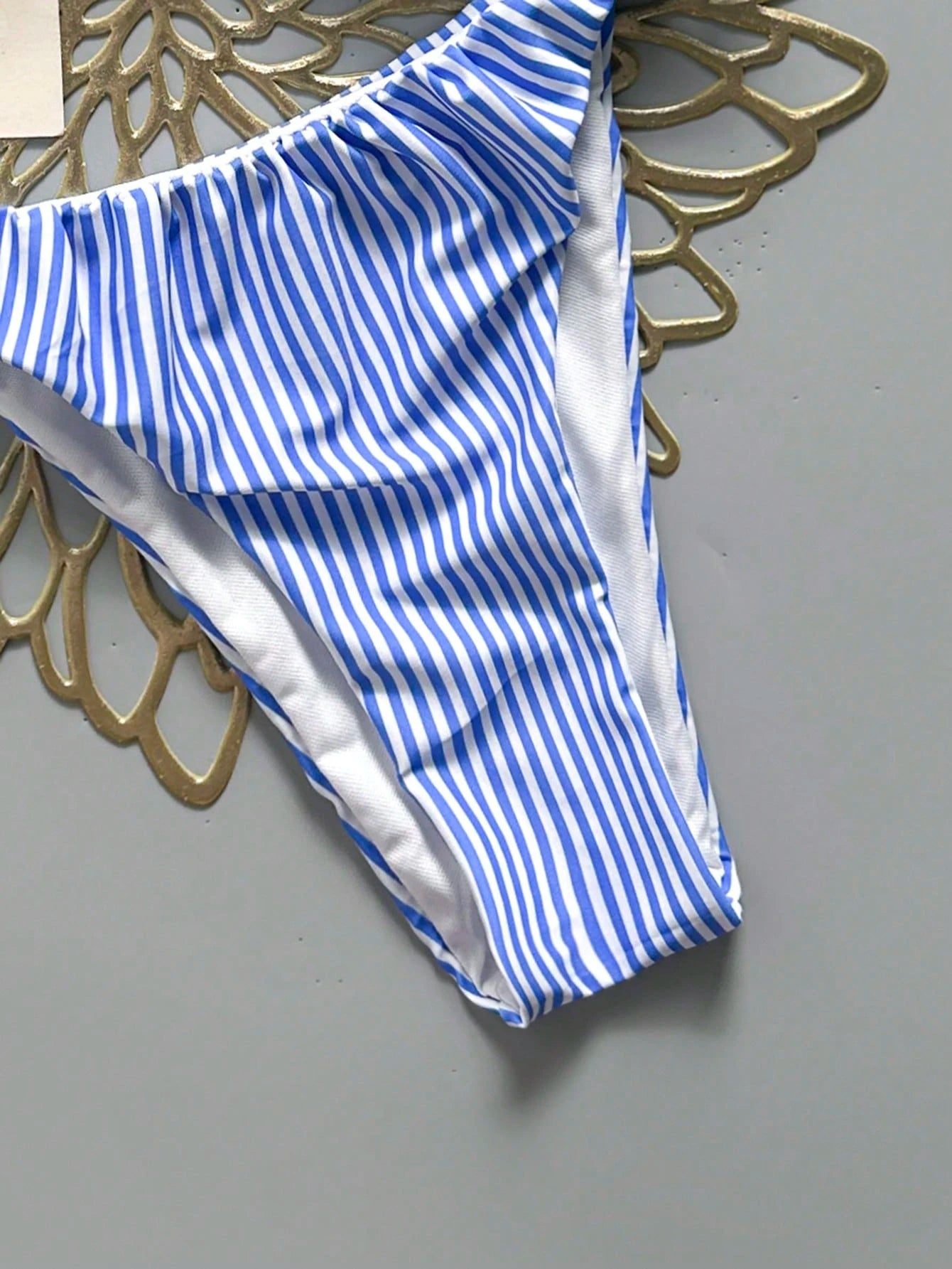 Bonvoyette 2026 New Women's Summer Beach Vacation Two-Piece Blue & White Striped Print Ruched Wide Strap Backless Sexy High Waist Bikini Swimsuit Set