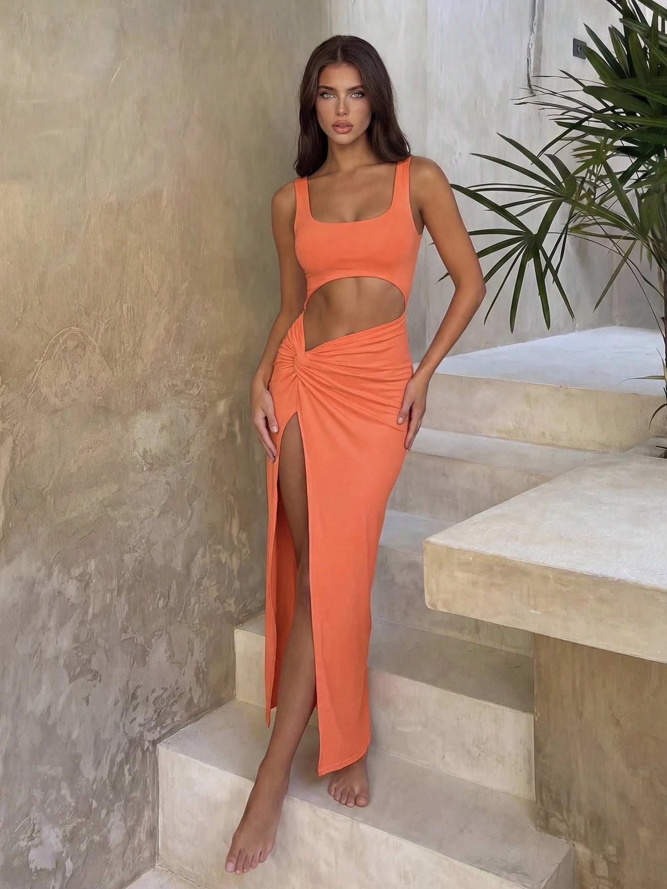Bonvoyette Cut Out Twist Front Split Thigh Dress