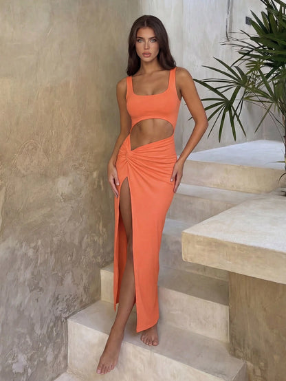 Bonvoyette Cut Out Twist Front Split Thigh Dress