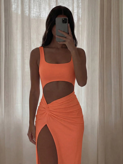 Bonvoyette Cut Out Twist Front Split Thigh Dress