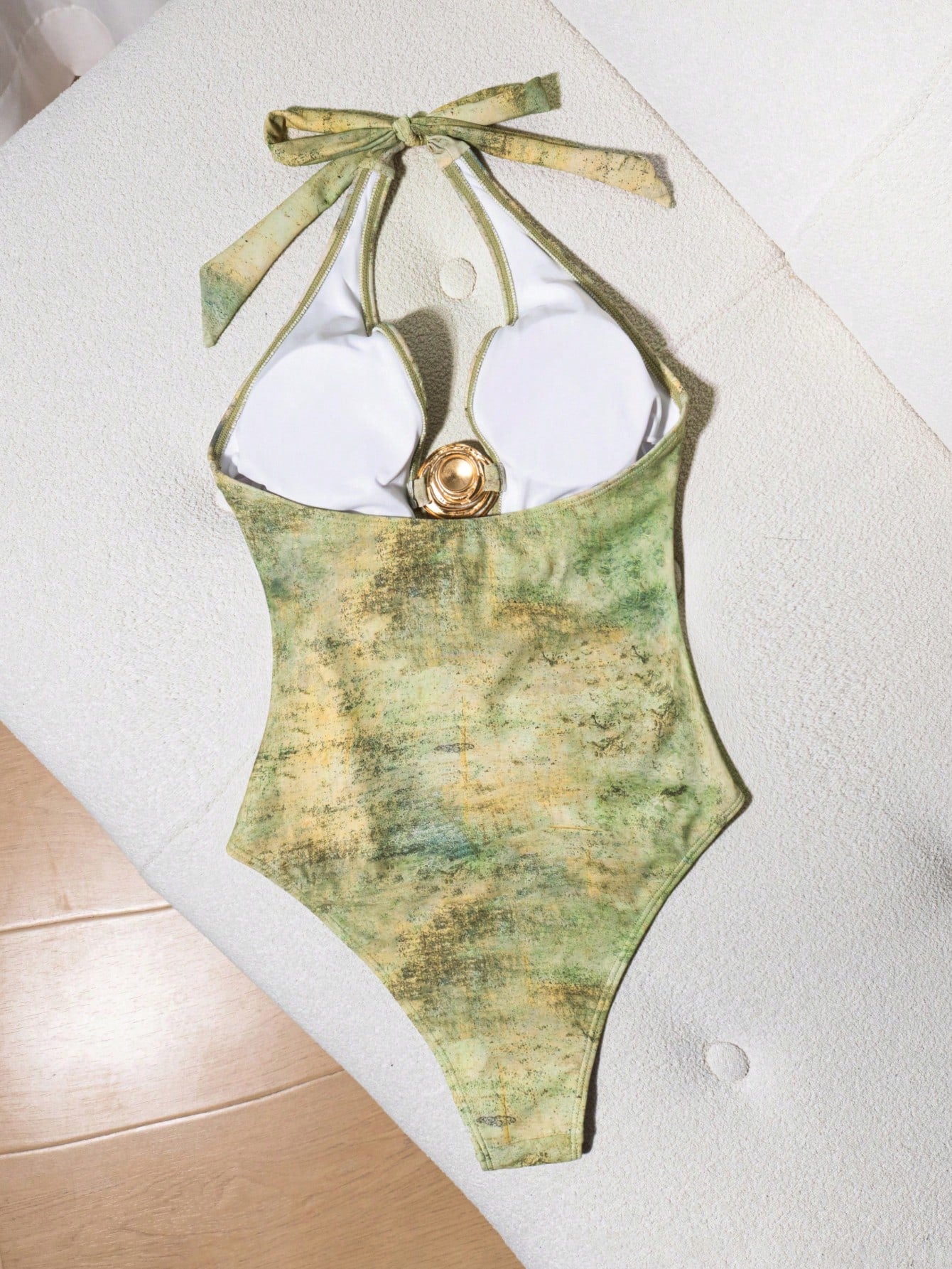 Bonvoyette Women Green Summer Cute Beach Party Holiday Printed One-Piece Swimsuit,Metal Decor Halter Cutout Open Back Tie Dye Tummy Control Bathing Suit Outfit