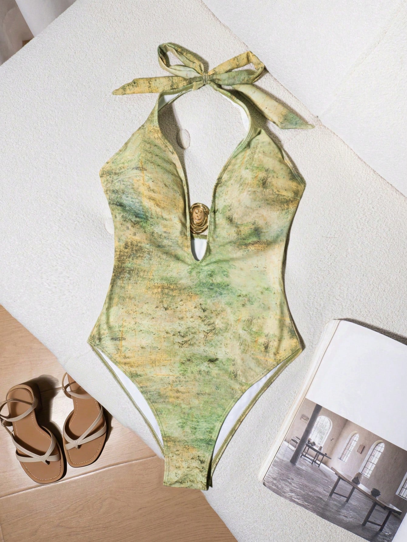 Bonvoyette Women Green Summer Cute Beach Party Holiday Printed One-Piece Swimsuit,Metal Decor Halter Cutout Open Back Tie Dye Tummy Control Bathing Suit Outfit