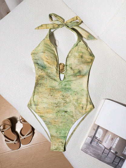 Bonvoyette Women Green Summer Cute Beach Party Holiday Printed One-Piece Swimsuit,Metal Decor Halter Cutout Open Back Tie Dye Tummy Control Bathing Suit Outfit