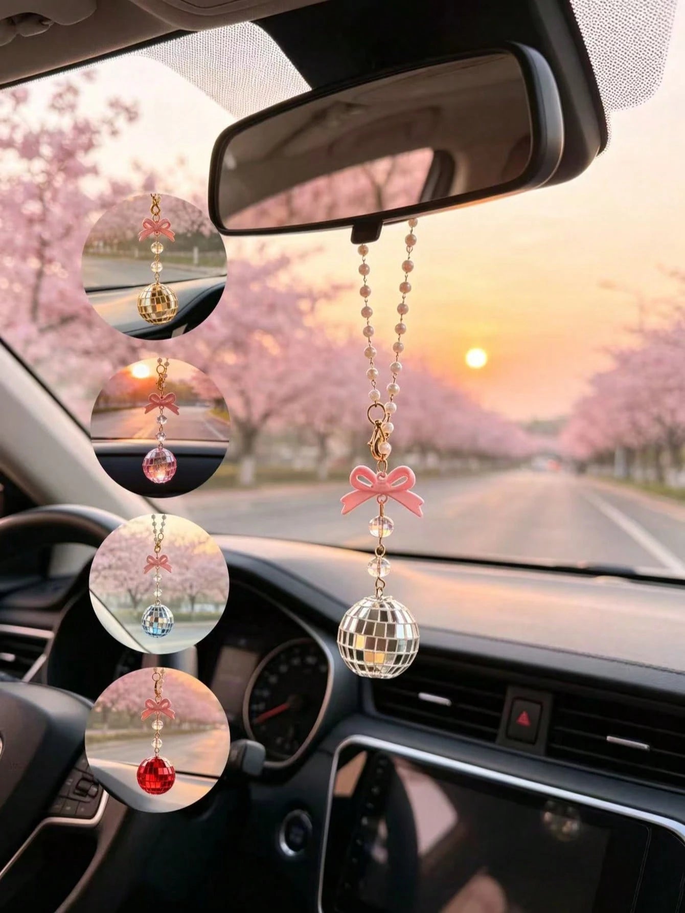 Bow Disco Ball Car Rearview Mirror Hanging Ornament, Pearl Beaded Mirror Ball Car Hanging Decoration, Girly Style Car Interior Decor Pendant, Vintage Mirror Ball Car Hanging Ornament, Pink Bow Beaded