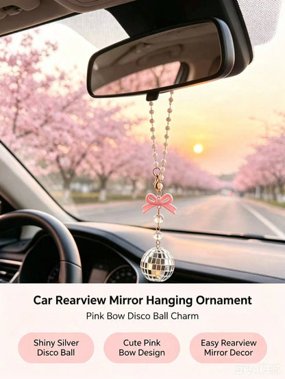 Bow Disco Ball Car Rearview Mirror Hanging Ornament, Pearl Beaded Mirror Ball Car Hanging Decoration, Girly Style Car Interior Decor Pendant, Vintage Mirror Ball Car Hanging Ornament, Pink Bow Beaded