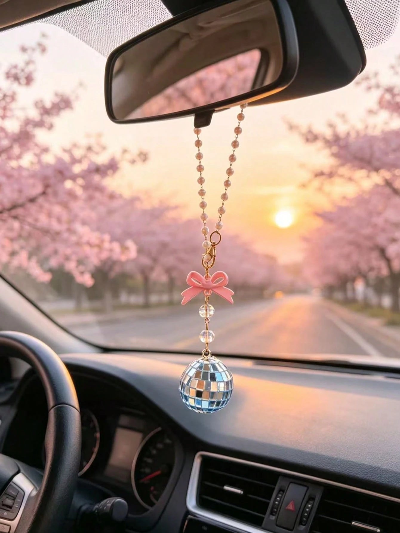 Bow Disco Ball Car Rearview Mirror Hanging Ornament, Pearl Beaded Mirror Ball Car Hanging Decoration, Girly Style Car Interior Decor Pendant, Vintage Mirror Ball Car Hanging Ornament, Pink Bow Beaded