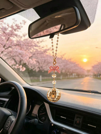 Bow Disco Ball Car Rearview Mirror Hanging Ornament, Pearl Beaded Mirror Ball Car Hanging Decoration, Girly Style Car Interior Decor Pendant, Vintage Mirror Ball Car Hanging Ornament, Pink Bow Beaded