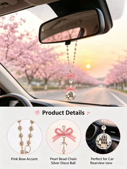 Bow Disco Ball Car Rearview Mirror Hanging Ornament, Pearl Beaded Mirror Ball Car Hanging Decoration, Girly Style Car Interior Decor Pendant, Vintage Mirror Ball Car Hanging Ornament, Pink Bow Beaded