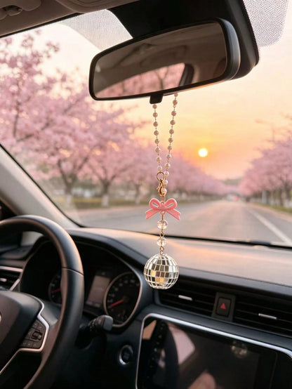 Bow Disco Ball Car Rearview Mirror Hanging Ornament, Pearl Beaded Mirror Ball Car Hanging Decoration, Girly Style Car Interior Decor Pendant, Vintage Mirror Ball Car Hanging Ornament, Pink Bow Beaded