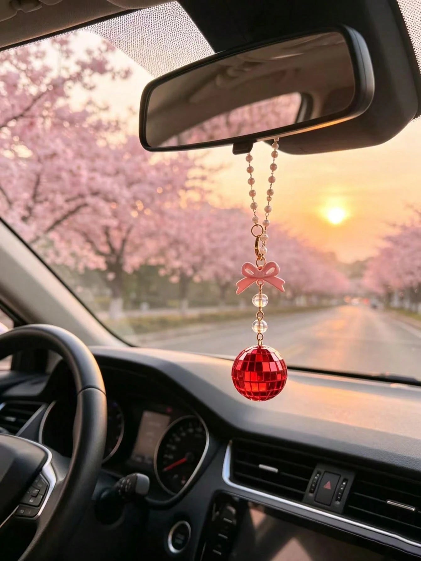 Bow Disco Ball Car Rearview Mirror Hanging Ornament, Pearl Beaded Mirror Ball Car Hanging Decoration, Girly Style Car Interior Decor Pendant, Vintage Mirror Ball Car Hanging Ornament, Pink Bow Beaded