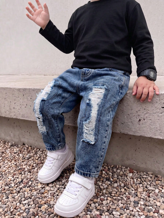 Boys' Casual Sports Denim Jeans With Distressed Ripped Design, Stretch Fabric, Street Style, Comfortable And Versatile For Daily Wear