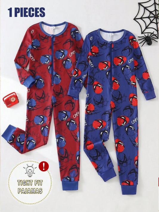 Boys' Cool Fashion Classic Casual Daily Comfortable Soft Skin-Friendly Knitted High Elasticity Tight Fit Fabric Blue Red Superhero Mask Cartoon Graffiti Print Cartoon Pattern Round Neck Long Sleeve Lo
