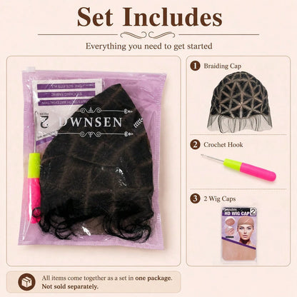 Braided Wig Cap Kit With Crochet Hook – DIY Crochet Wig Cap Set, Square Part Braiding Cap, Includes Wig Caps & Hook For Easy Hair Installation & Protective Styling
