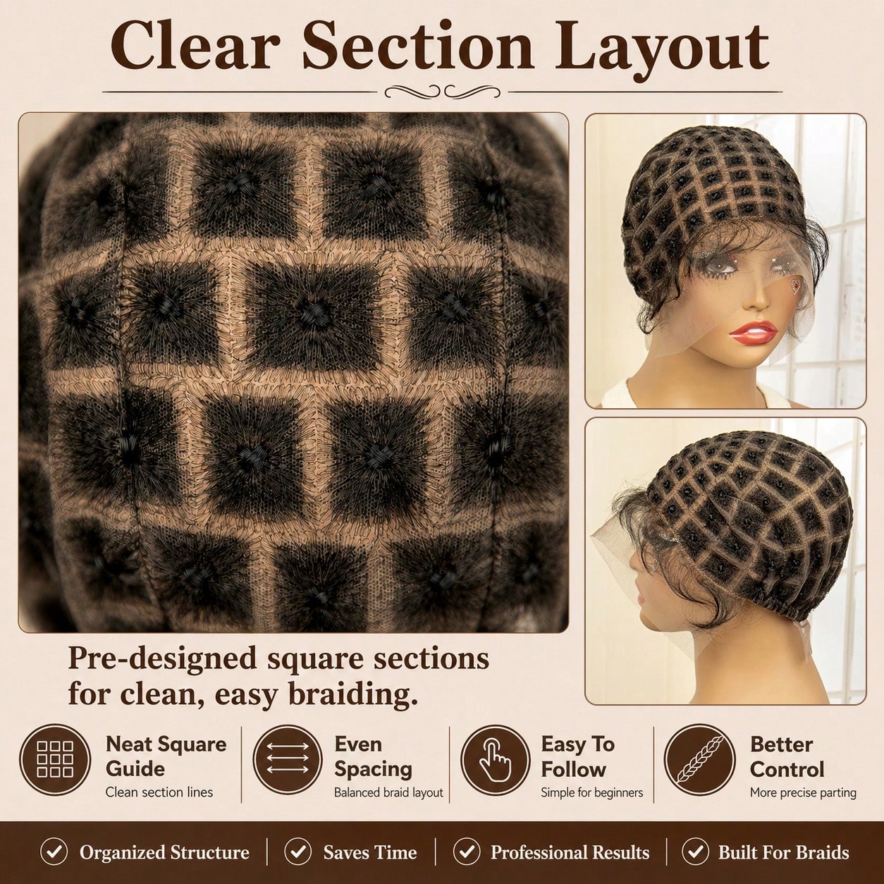 Braided Wig Cap Kit With Crochet Hook – DIY Crochet Wig Cap Set, Square Part Braiding Cap, Includes Wig Caps & Hook For Easy Hair Installation & Protective Styling