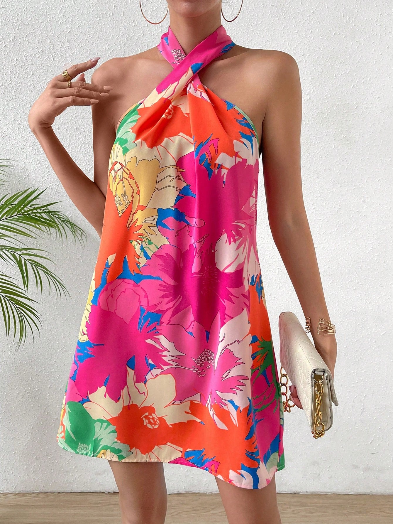 Breezaya Floral Print Halter Neck Backless Dress Vacation Beach Outfits Women
