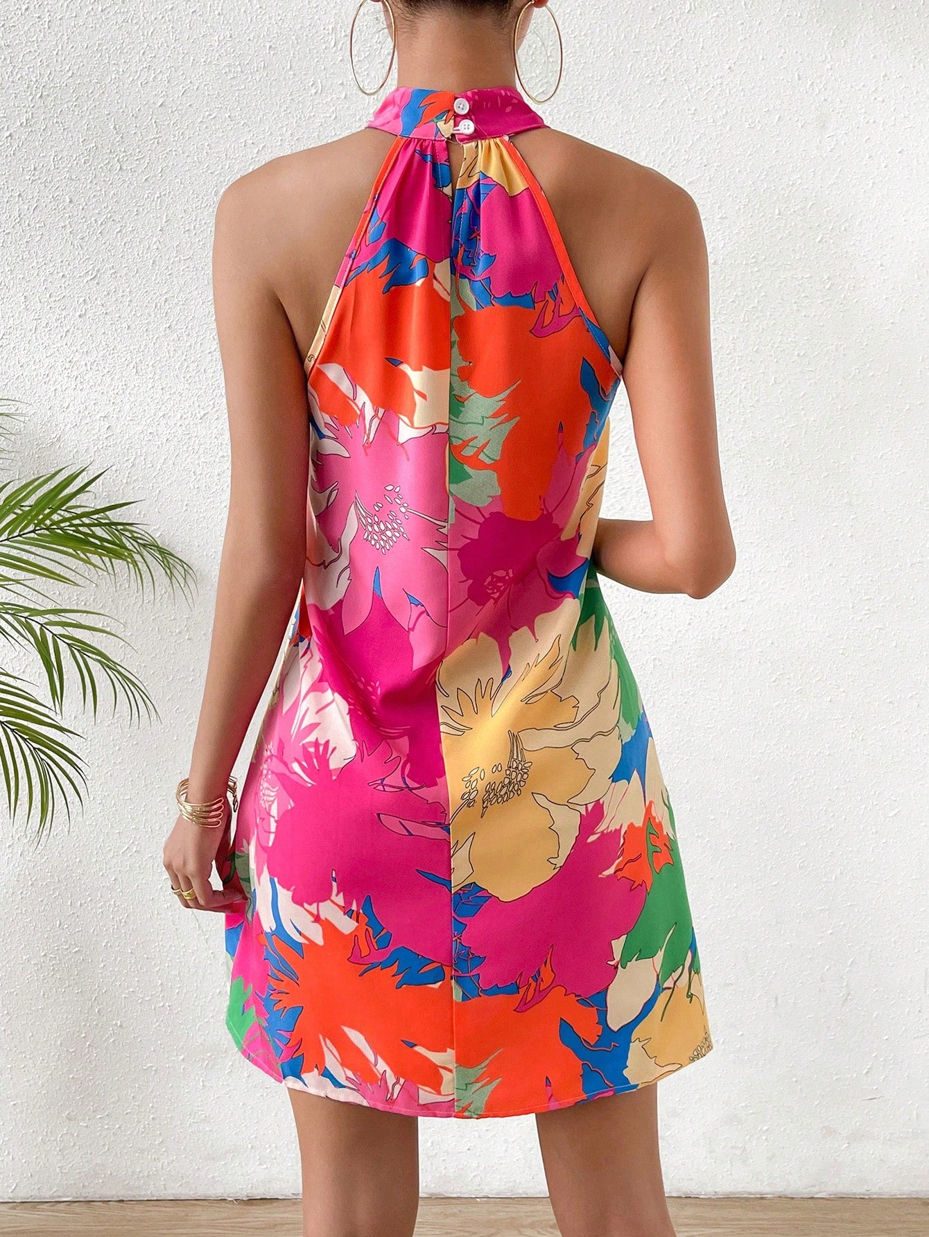 Breezaya Floral Print Halter Neck Backless Dress Vacation Beach Outfits Women