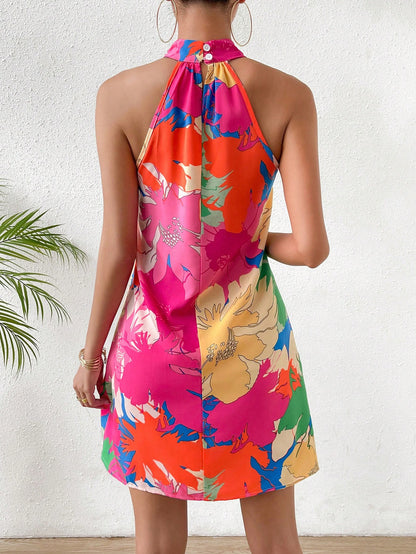 Breezaya Floral Print Halter Neck Backless Dress Vacation Beach Outfits Women