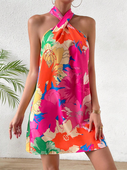 Breezaya Floral Print Halter Neck Backless Dress Vacation Beach Outfits Women