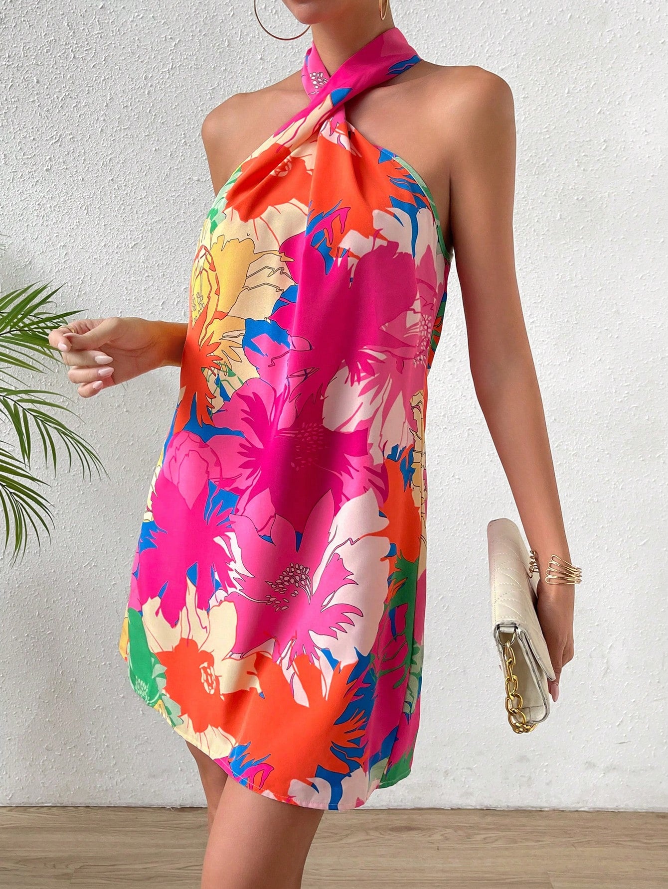 Breezaya Floral Print Halter Neck Backless Dress Vacation Beach Outfits Women