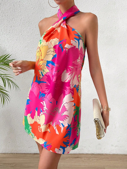 Breezaya Floral Print Halter Neck Backless Dress Vacation Beach Outfits Women
