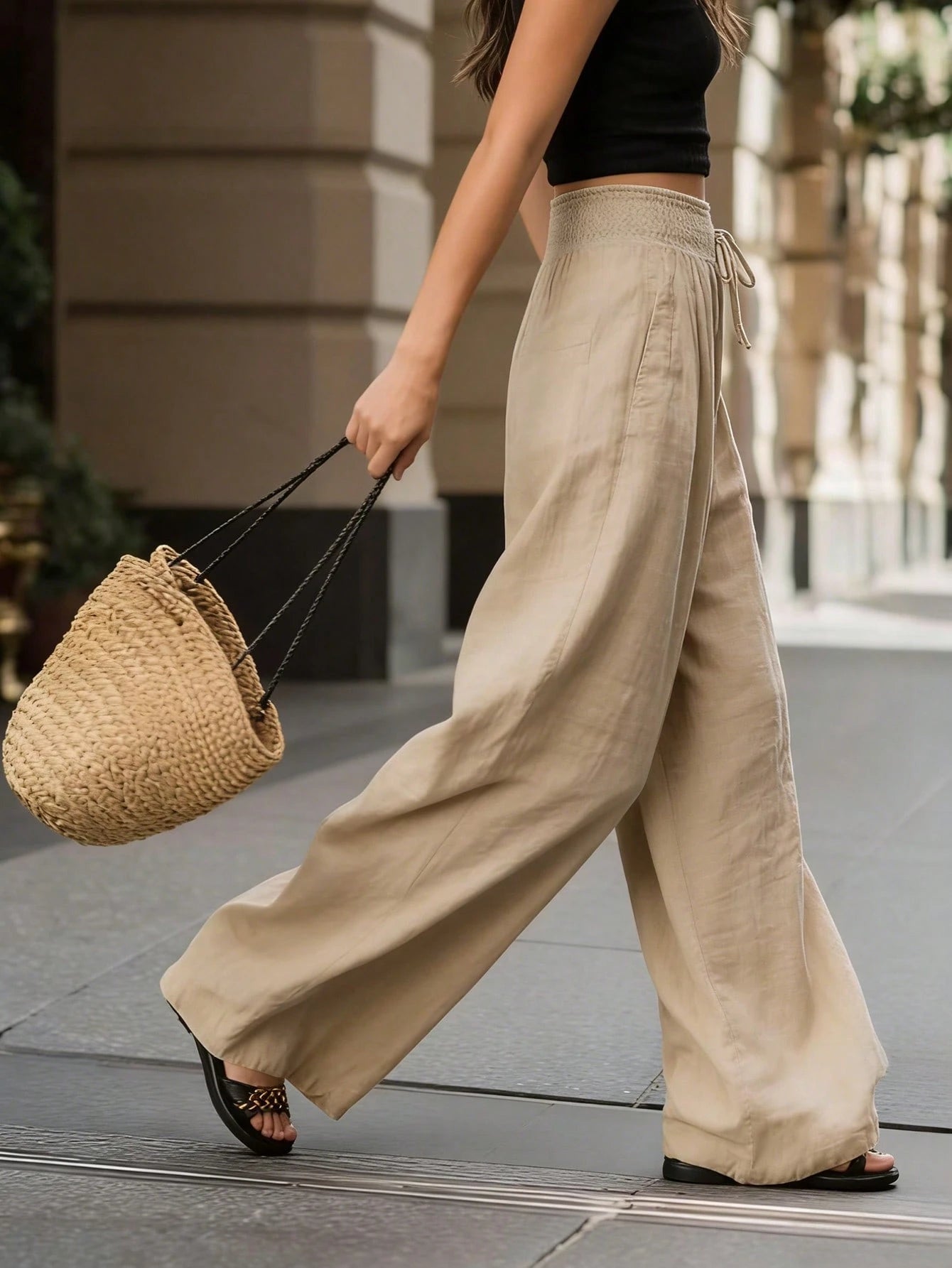 Breezaya French Style High-Waisted Loose Wide-Leg Solid Color Women's Long Pants, Elegant Fashionable Summer, Suitable For Spring, Autumn, Winter, Vacation, Commuting, Daily Wear, Party, Beach, Casual