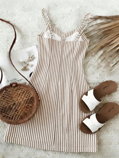 Breezaya Holiday Versatile Casual Dress,Sleeveless V-Neck Button Decor Short Dress,Elegant Fashionable Stripe Beach Sun Dress For Women Business Commute Daily