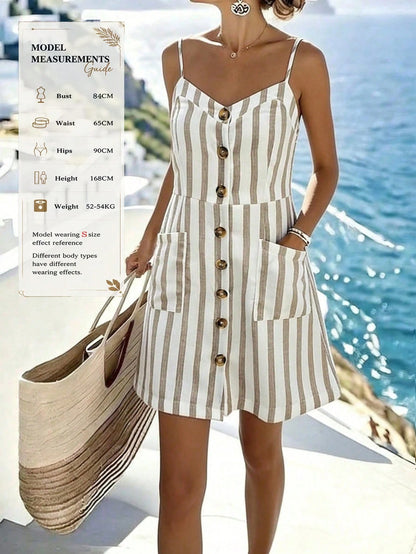 Breezaya Holiday Versatile Casual Dress,Sleeveless V-Neck Button Decor Short Dress,Elegant Fashionable Stripe Beach Sun Dress For Women Business Commute Daily