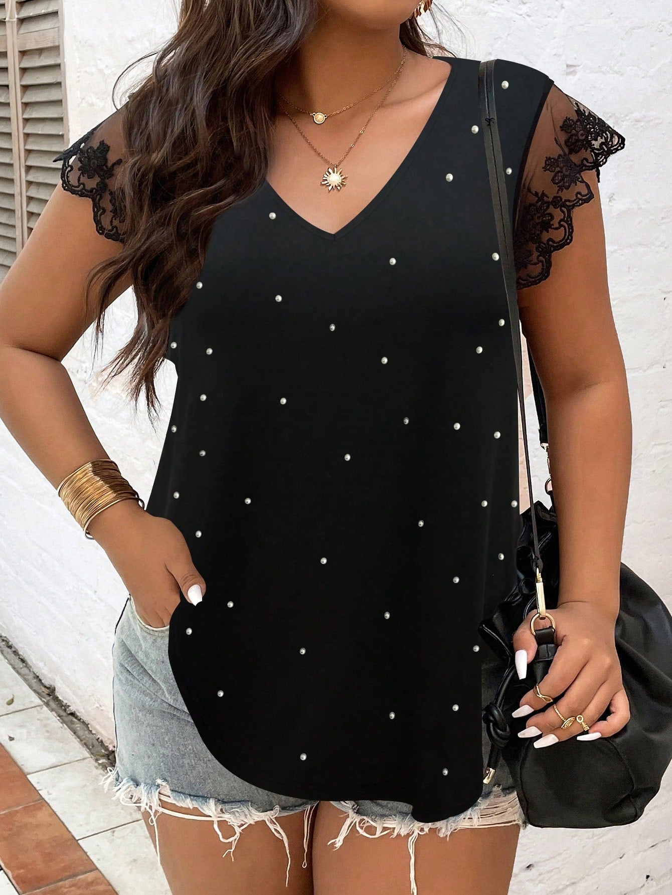 Breezaya Plus Pearls Beaded Contrast Lace Curved Hem Tee