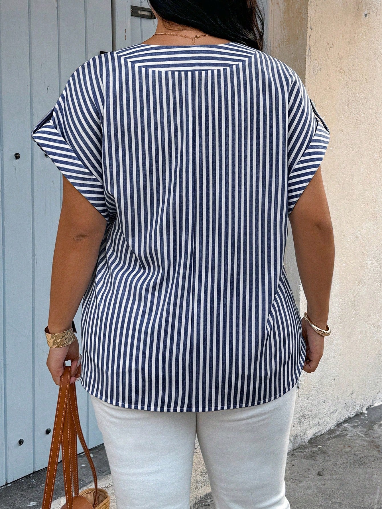 Breezaya Plus Size Casual Striped Batwing Sleeve Shirt Chic