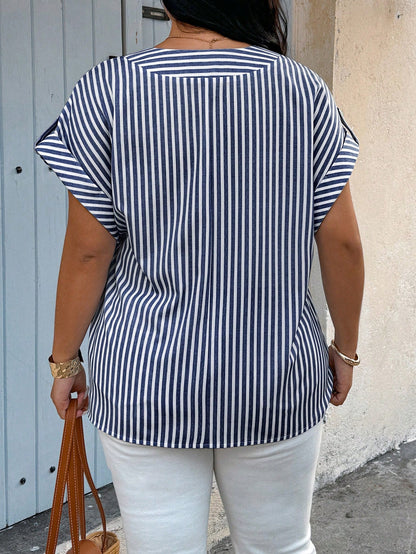 Breezaya Plus Size Casual Striped Batwing Sleeve Shirt Chic