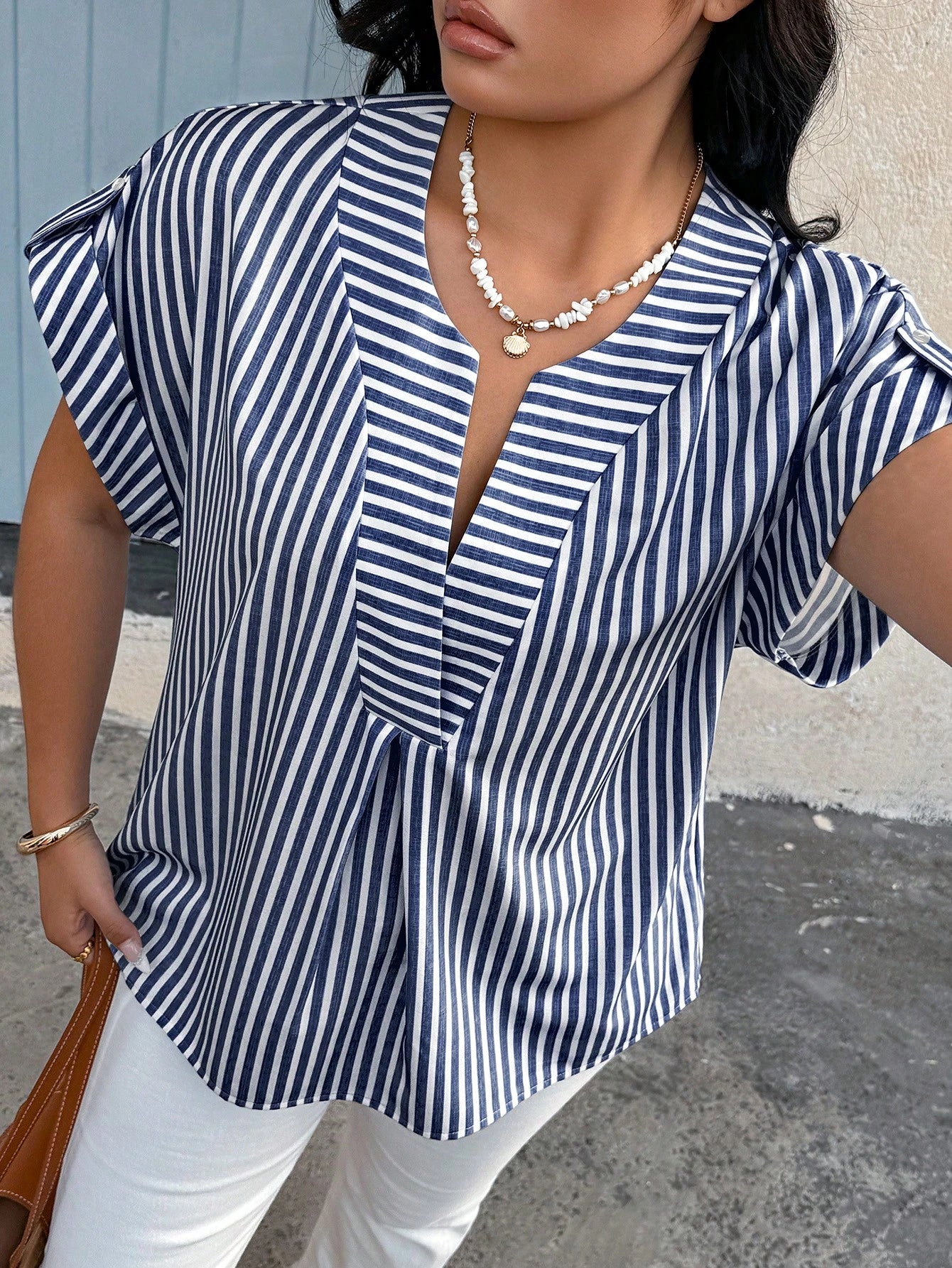 Breezaya Plus Size Casual Striped Batwing Sleeve Shirt Chic