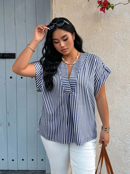 Breezaya Plus Size Casual Striped Batwing Sleeve Shirt Chic