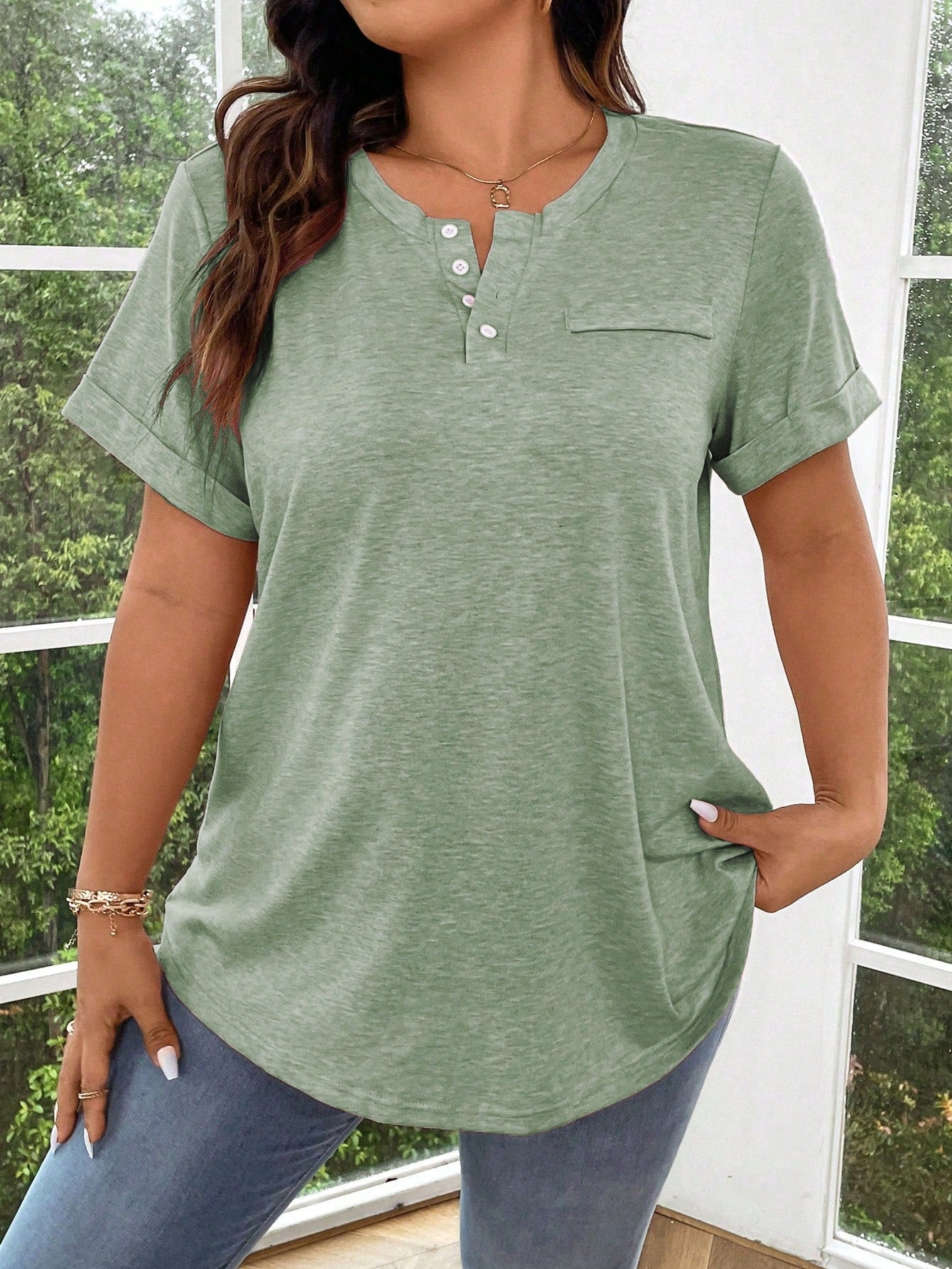 Breezaya Plus Size Solid Color Half Button Front Cuffed Sleeve T-Shirt Henley Shirtpink Tshirtpink T Shirtpink Top Women