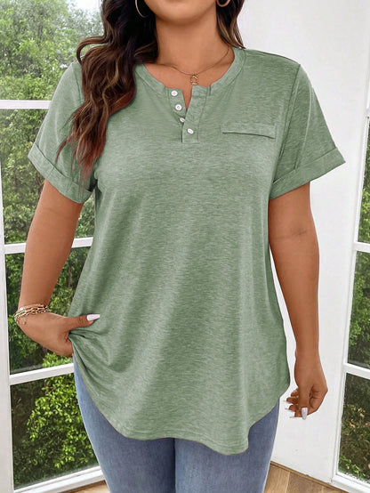 Breezaya Plus Size Solid Color Half Button Front Cuffed Sleeve T-Shirt Henley Shirtpink Tshirtpink T Shirtpink Top Women