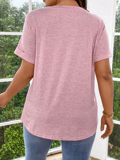 Breezaya Plus Size Solid Color Half Button Front Cuffed Sleeve T-Shirt Henley Shirtpink Tshirtpink T Shirtpink Top Women