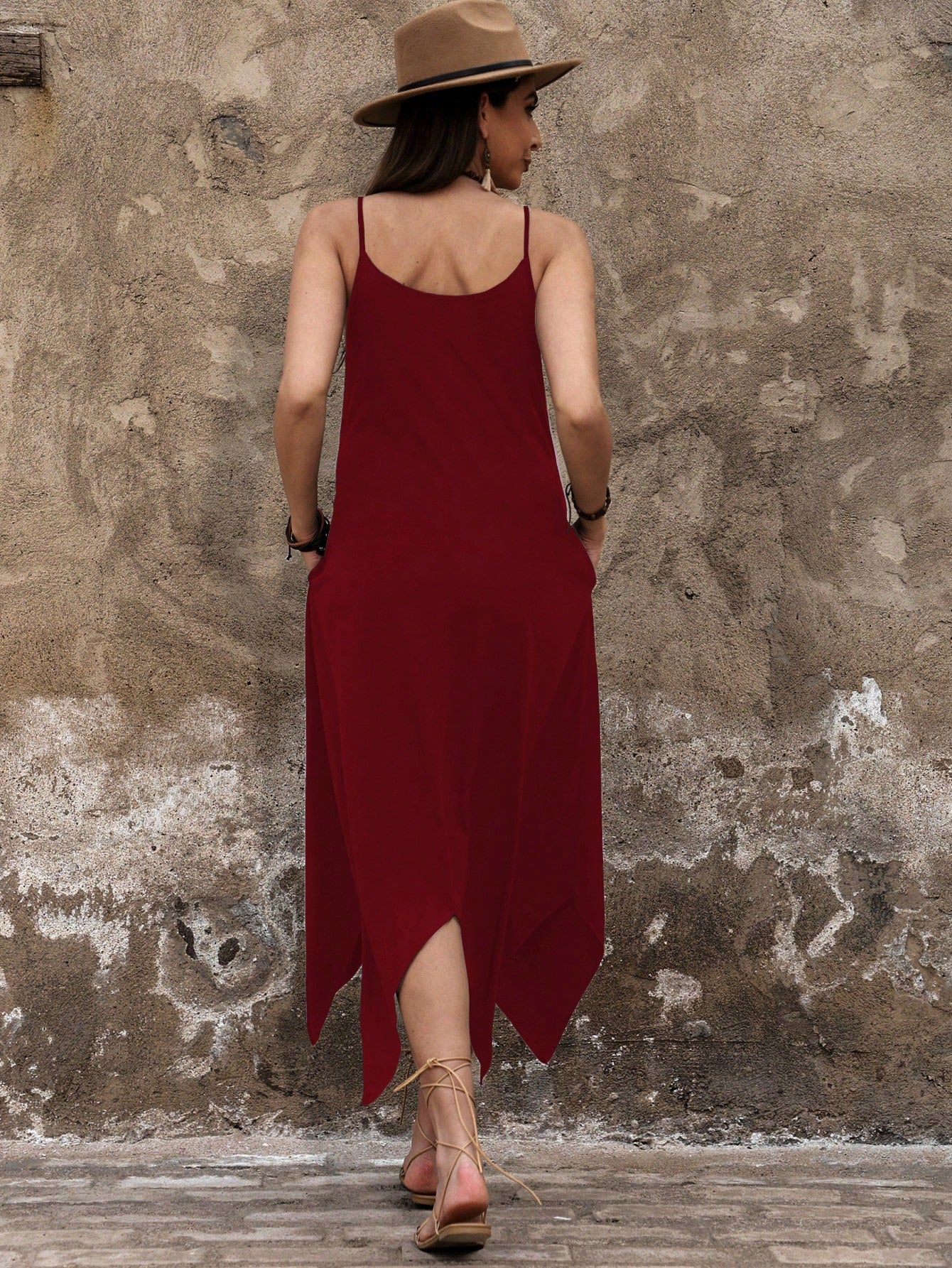 Breezaya Women Leisure Solid Color Asymmetric Hem Slip Dress
