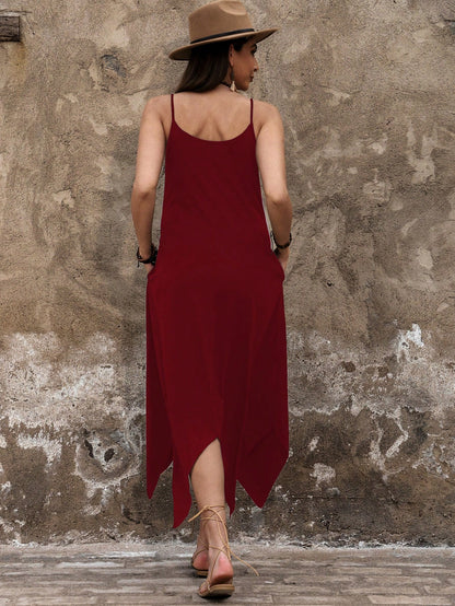 Breezaya Women Leisure Solid Color Asymmetric Hem Slip Dress