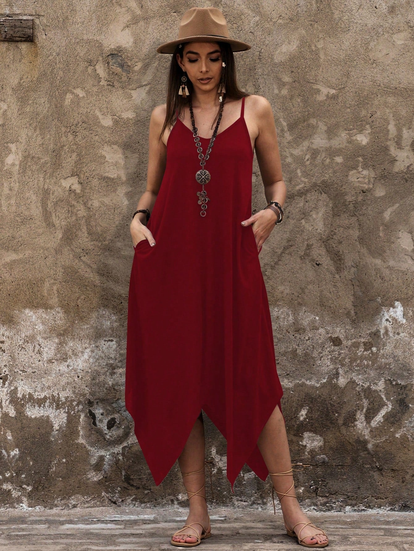 Breezaya Women Leisure Solid Color Asymmetric Hem Slip Dress